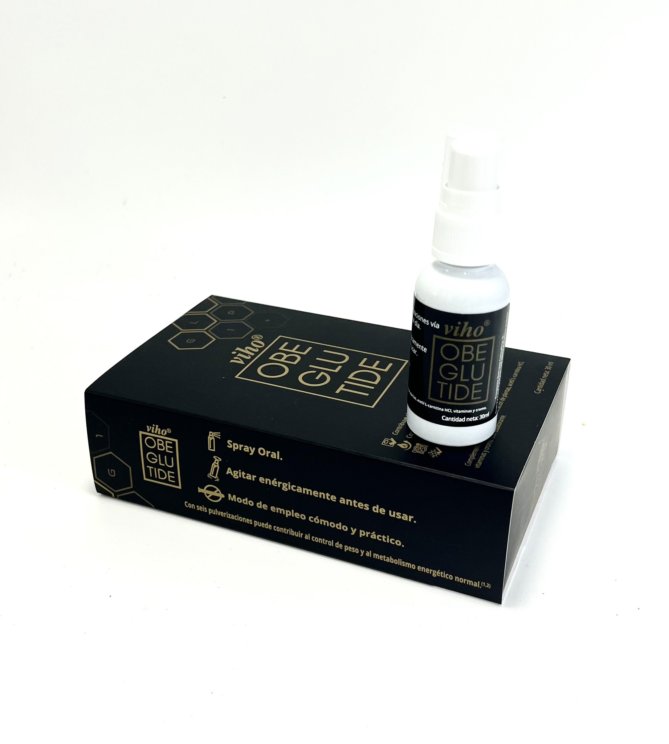 Viho® Obeglutide Spray 30 ml — vista frontal del envase con cabezal pulverizador